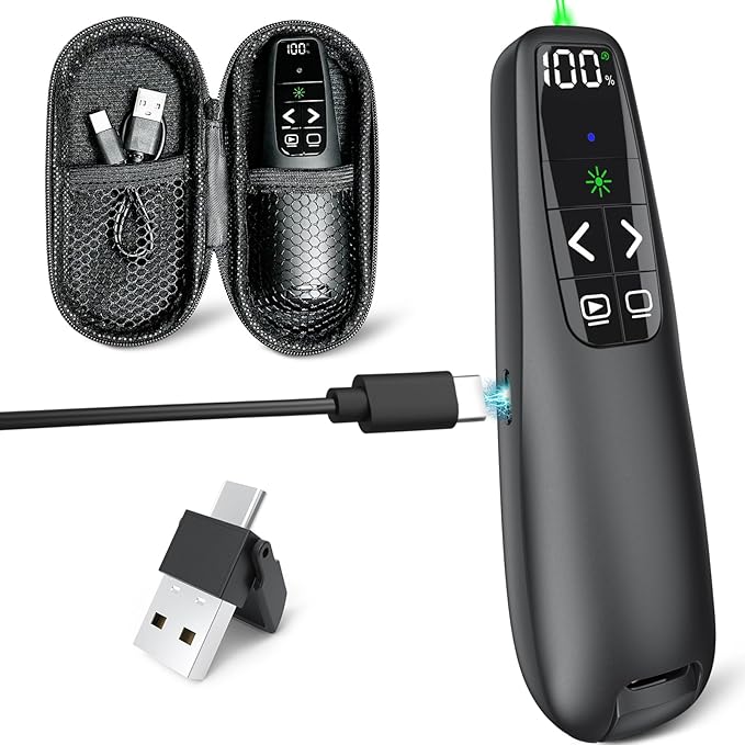 Rechargeable Presentation Clicker with Case, Power Digital Display Wireless Presenter Remote, USB C Green Light Pointer Computer PowerPoint PPT Clickers for Mac Laptop, Slideshow Google Slide Advancer