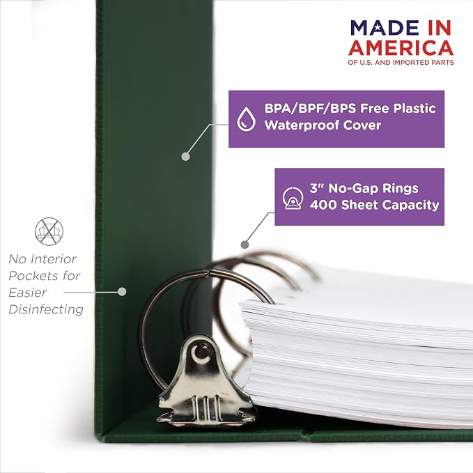 Carstens 3-Inch Heavy Duty 3-Ring Binder - Top Opening, Forest Green, Durable Plastic, Precision No-Gap Rings, Waterproof Cover, No Pockets, Holds 400 Letter Sheets, BPA-Free, Made in USA (1780-3R)