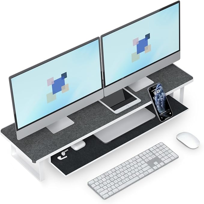 Dual Monitor Stand Riser, 31.5 Inch Extra Wide Thick Heavy Duty Carbon Steel 2 Tier Desktop Organizer with Pull Out Layered Shelf,for Home Office Gaming Curved Monitors