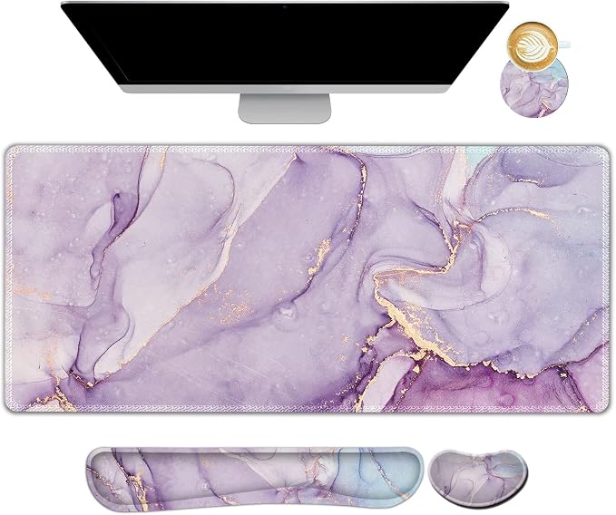 Large Gaming Mouse Pad, Keyboard Wrist Rest Pad & Wrist Support Mousepad Set, Stitched Edge, Extended, Non-Slip Base, Memory Foam,Multifunctional Desk Mat for Office & Home, Purple Blue Marble