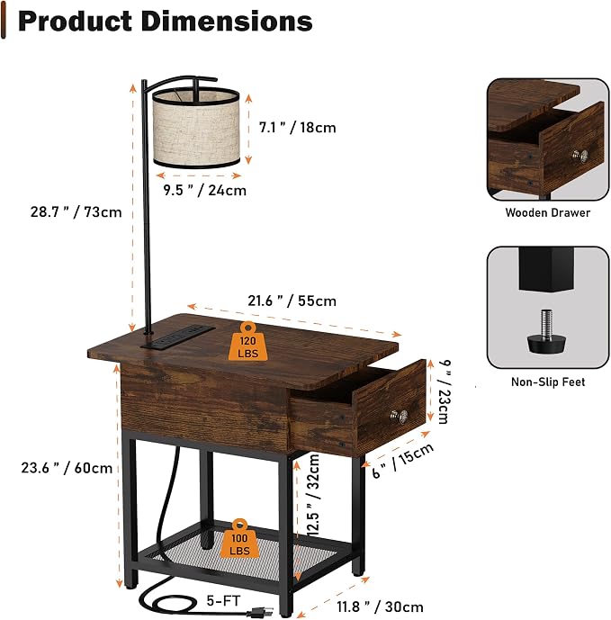 runjuly Floor Lamp with Table, Narrow Side Table with Charging Station | Wood Drawer, Built in Type-C and USB Port, Light Attached Nightstand, End Table for Living Room / Bedroom, Rustic Brown