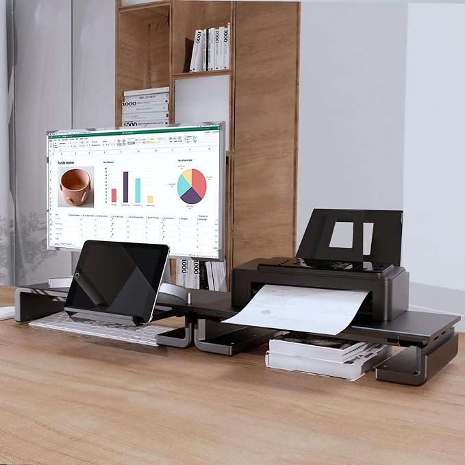 Klearlook Computer Monitor Stand for Desk, Adjustable Foldable Monitor Riser with Storage Drawer & Tablet Phone Holder for Office, Home, Laptop, Desktop (Black 2 Pack)