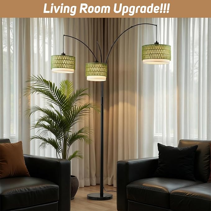 80'' Rattan Arc Floor Lamp for Living Room, 3-Light Boho Tree Tall Lamp | Heavy Natural Marble Base, 1/2/3-Light Rotary Switch,Double-layer Green Wicker/Fabric Shades for Coastal style,8 ft+ Ceilings