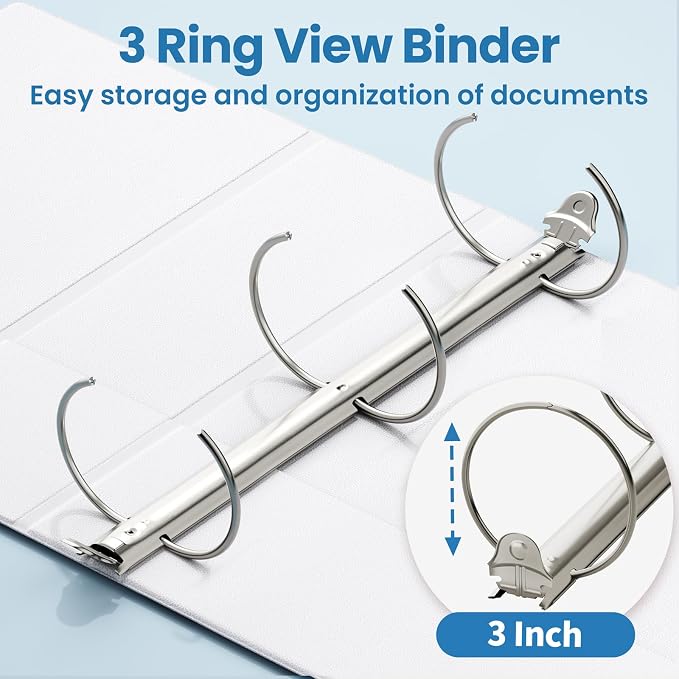 SUNEE 3 Inch Binders 3 Ring 4 Pack, PVC-Free Clear View Large Binders 3" (Fits 8.5x11 Inches) for School, Office & Home Use, White