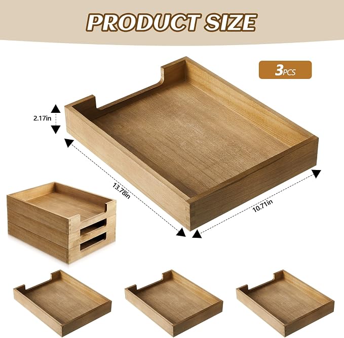 Fulmoon 3 Pcs Stackable Wood Letter Tray A4 Size Desk Tray Organizer Wooden Office Documents Tray Desktop Mail File Folder Document Magazine Storage