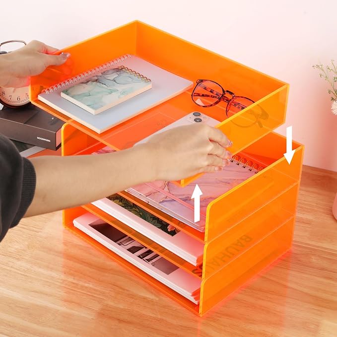 Gelite Acrylic File Organizer for Desk 4 Tiered Stackable Letter Tray Office Paper Storage Desktop Document Sorter, Neon Orange
