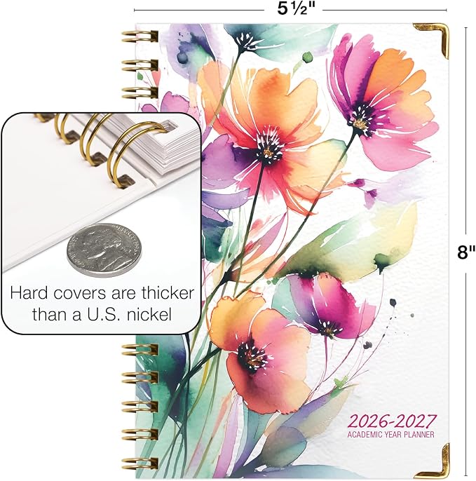 HARDCOVER Academic Year 2026-2027 Planner: 14 Months (May 2026 Through June 2027) 5.5"x 8" Daily Weekly Monthly Planner Yearly Agenda. Bookmark, Pocket Folder and Sticky Note Set (Rainbow Floral)