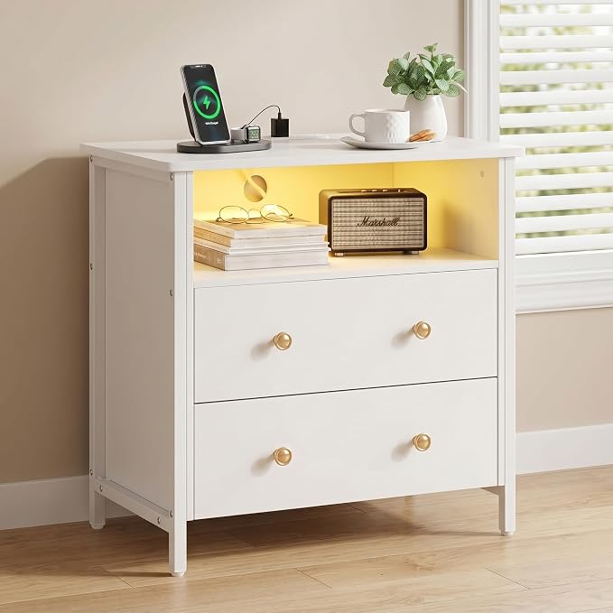 27 Inch LED Nightstand with Charging Station, 2 Drawers, White | RGB App Control, 2 AC Outlets & 2 USB Ports, Open Storage, Adjustable Feet, Wood Tall Nightstand for Bedroom or Office
