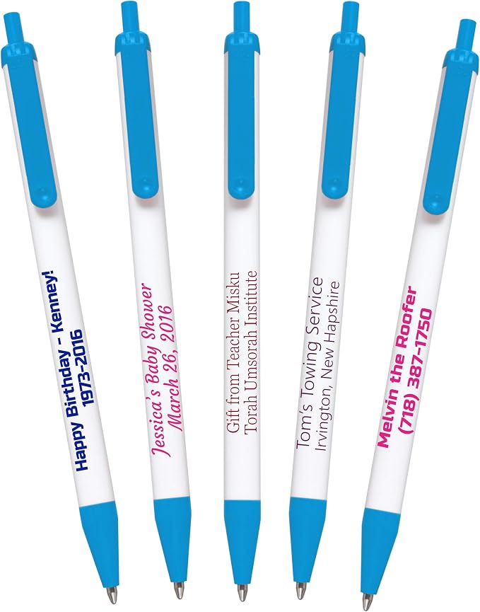 USA Made, Personalized Writing Ink Ballpoint Novelty Pens, Custom Printed with Your Logo & Text (Pack of 1,000 White Pens with Light Blue Trim)