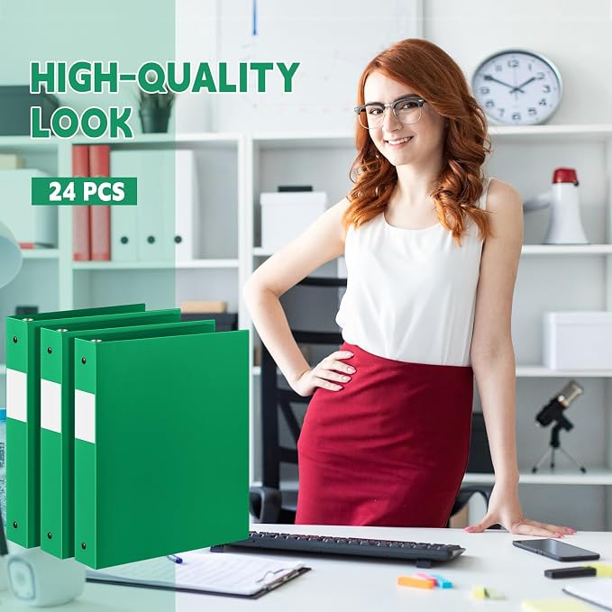 Henoyso 24 Pack 1 Inch 3 Ring Plastic Binders, Bulk Flexible PP Binders for Classroom & School Supplies, Letter Size 8.5 x 11, Holds 240 Sheets with Interior Pocket (Green)