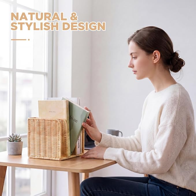 Novabright Synthetic Rattan File Magazine Holder Desk Organizer, 3 Vertical Compartments Workspace Sorters for Magazines, Binders, Notebooks, Envelopes