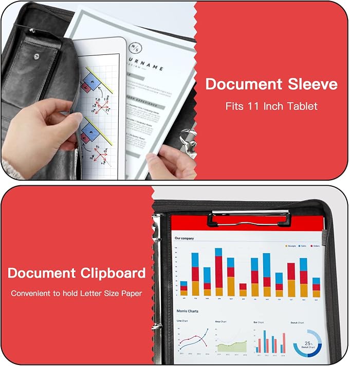 WRIYES Zippered Portfolio Organizer with 3 Ring Binder, Black | Leather Padfolio, Professional Business Binder, Organizer for iPad/Document, Phone & Business Cards