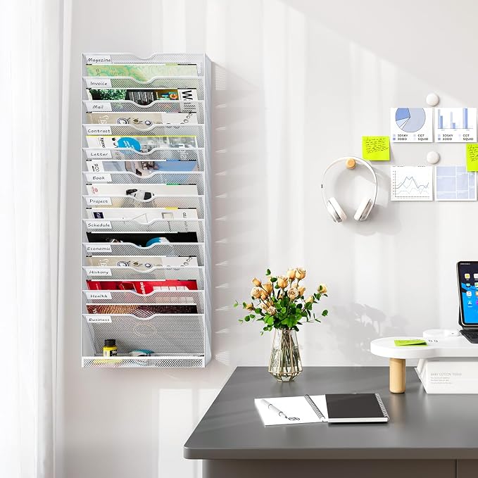 Hanging Wall File Organizer,13-Tier Desk File Mail Holder, Paper Bill Organization For Office Home School, White