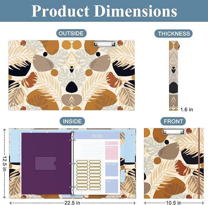 3 Ring Binder, 1 Inches Round Ring Binder with Clipboard, Dividers Tabs, PVC Zipper Bag Sleeves & to Do List Planners for Women, Men, School, Office Supplies, Modern Leaves