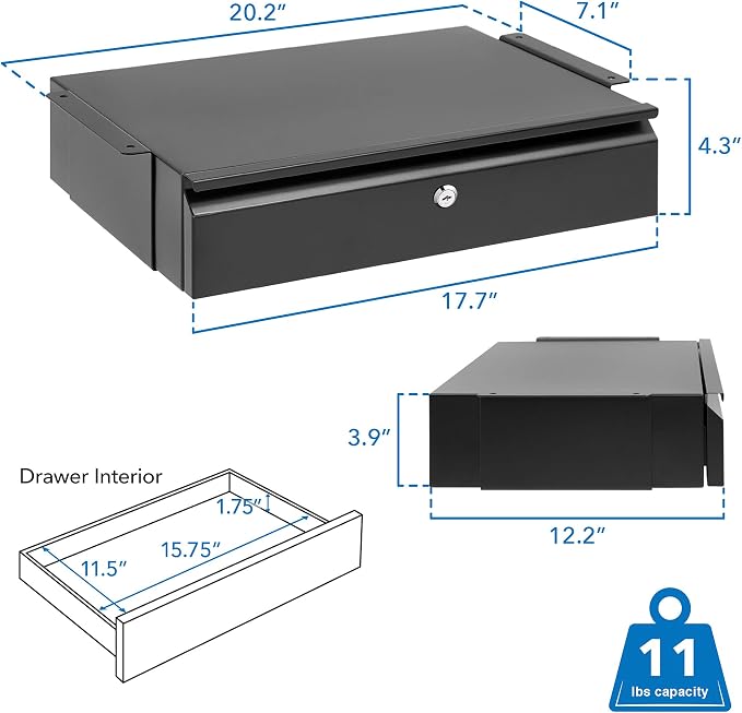 Mount-It! Locking Under Desk Pull-Out Drawer, Heavy-Duty Steel Under Table Slide-Out Storage Organizer with Key Lock for Private Storage, Smooth Glide Track, Fits Desks Over 0.71″ Thick