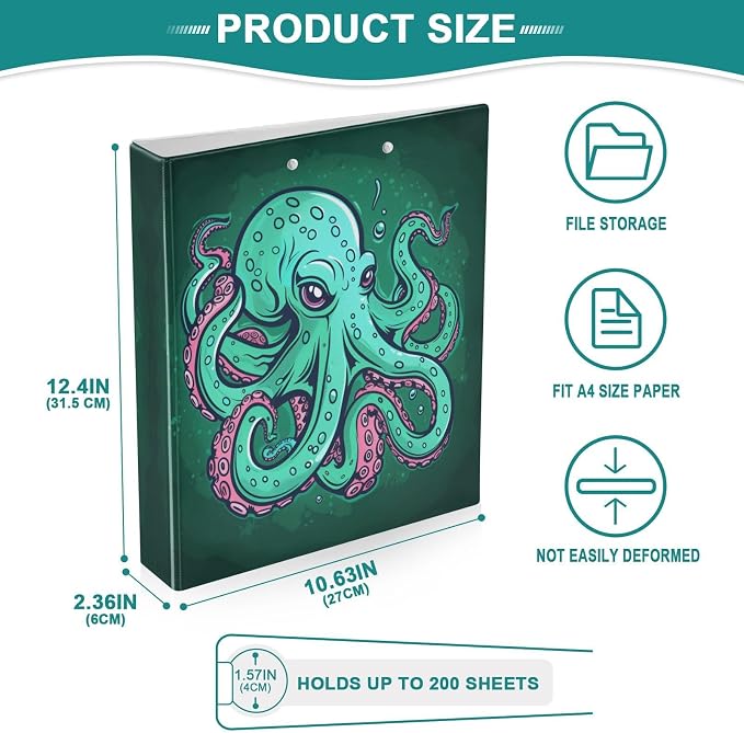 3 Ring Binder Octopus Tentacle 1.5 Inch Three Ring Binder | Cute Binder with 3 Storage Pockets for Women School Office Supplies
