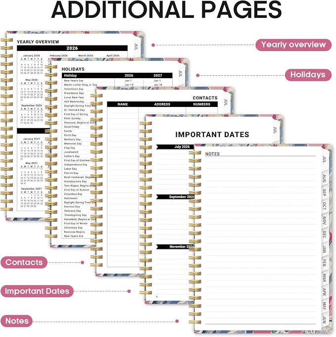 Taja Planner 2026-2027, Jul 2026-Jun 2027 Monthly & Weekly Calendar Planner | 6.3" x 8.5", Hardcover Academic Calendar, Teacher Student Agenda Book with Tabs, School Office Supplies, Soft Blossoms