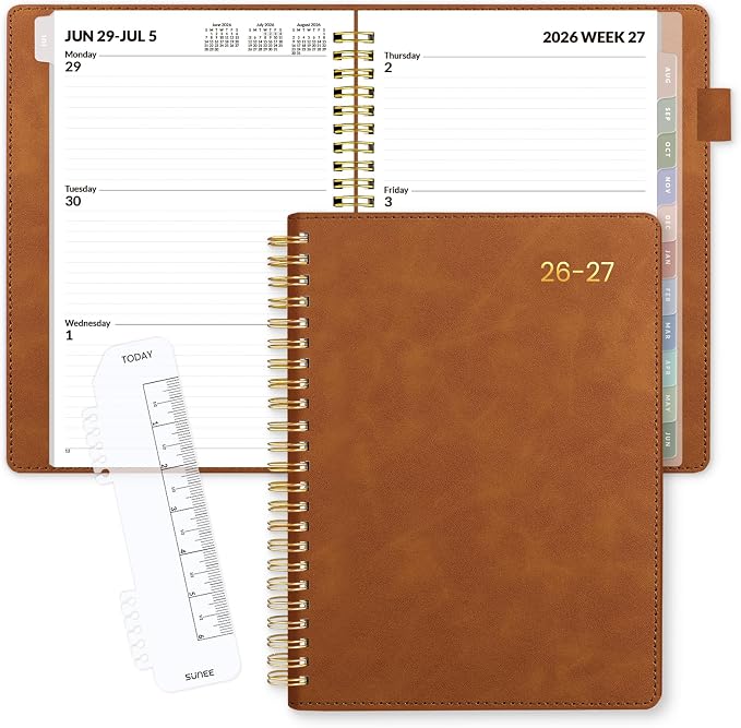 SUNEE 2026-2027 Weekly & Monthly Planner 6.4"x8.5" - 12 Month (July 2026 - June 2027), Vegan Leather Cover Planner Academic Year Calendar, Pocket, Notes, Monthly Tab, Brown