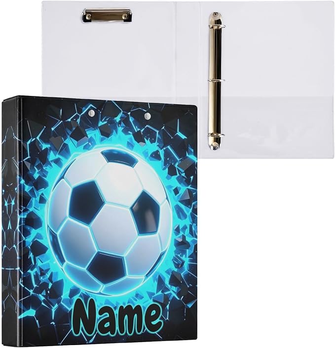 Custom 3 Ring Binder 3D Soccer Football Blue 1.5" Round Ring Binders Personalized Name View Binder with 200 Sheet for Kids School Supplies Women Men Office, 1 Pack
