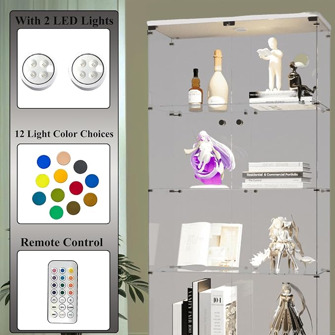 Frameless Glass Display Cabinet, Curio Cabinet Display Case with LED Lights and Lock, 2 Doors Quick-Install Floor Standing Showcase Display Shelf for Collectibles, Legos, Figures, Plants
