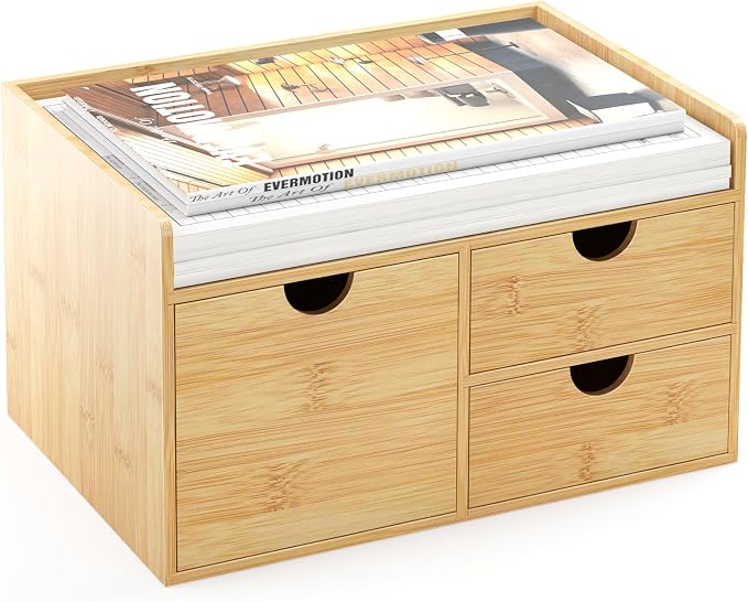Bamboo Desk Organizer with Drawers, Desktop Storage Box for Office Supplies | 3 Drawers Desktop organizer, No Assembly Required, Natural Wood Wooden Desktop Drawers for Bills, Cosmetics, Seals, Paper
