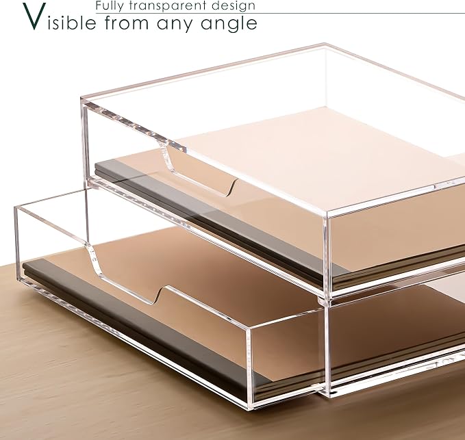 SANRUI 2 Tier Acrylic Desk Organizer with 2-Drawer, Clear File Organizer | 2 Open Drawers, Organize Office Desk Accessories & Sort Pens, Notes, Makeup, Jewelry & Toiletries for Office, Vanity & Bath
