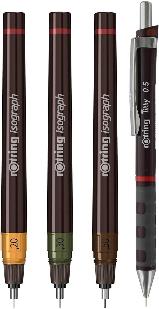 rOtring Isograph Technical Drawing Pen College Set, (0.20, 0.30, 0.50 mm), Includes Pens, Pencil, Eraser, and More - Designed for Precision