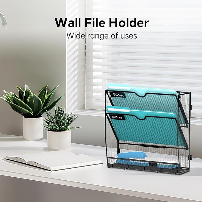3-Tier Wall File Organizer and Mail Organizer with 5 Hooks, Black | Label slots, curved openings, 5 key hooks, and a bottom tray support organized mail, file, and everyday item storage.