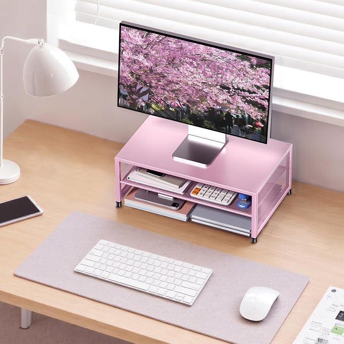 ECOLOVI 2-Tier Computer Monitor Stand Riser, Printer & Laptop Stand, Office Desk Accessories, Workspace Desk Organizer for Home Office Supplies, Pink