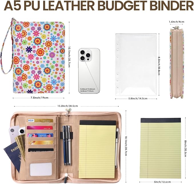 A5 Binder 6 Ring with Zipper, Portable Planner for Travel & Study | Faux leather A5 planner with detachable 6 rings, lined pages, pouches, card slots and pen holder for daily use.