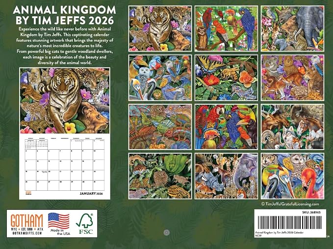 Wild Animals Family by Tim Jeff Calendar 2026 Monthly Wall Calender 12 Month | American Made In The USA