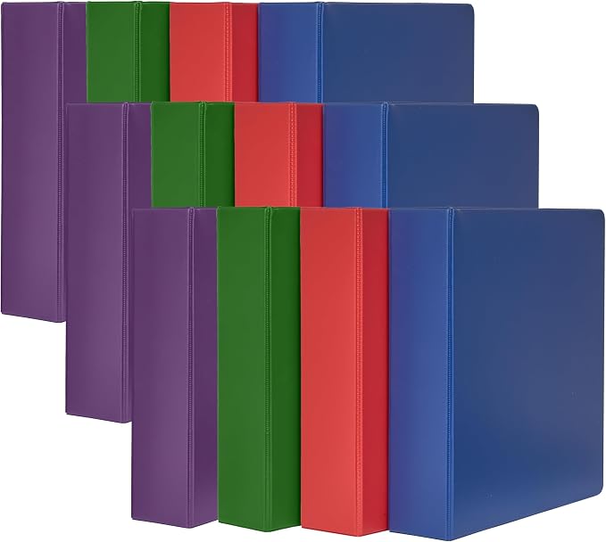 12 Pack Assorted Color 3-Ring Binders, 2", Round Ring, Durable, EPI, Holds 425 Sheets, 2 Inside Pockets, Organizer for School, Home Office