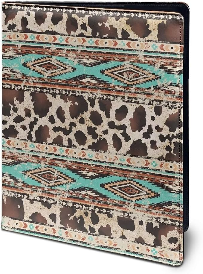 Dreaweet Aztec Brown Cow Print Portfolio Leather Padfolio for Women,Interview Legal Document Binder Organizer,Business Card Holder with Letter Sized Writing Pad