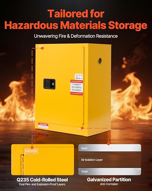VEVOR Flammable Cabinet, 23.2 x 18.1 x 35.4 Inch, 13 Gallon Flammable Storage Cabinet with Adjustable Shelf, Cold-Rolled and Galvanized Steel Fire Cabinets, for Commercial Industrial Home Use, Yellow