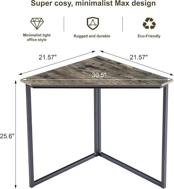 VECELO Corner Desk,Office Tables for Living Room for Small Space Triangle Computer Desk with Steel Frame Corner Shelves with Metal Frame Writing Desk for Workstation Classic Grey 30.5" 2 Set