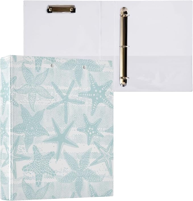 Hand Drawn Starfishes Aqua Blue Starfish Binder 3 Ring 1.5 Inch Binder with Clipboard&Pockets, Hardcover Binders Heavy Duty Large File Folder for Office School Supplies - Holds 200 Sheets