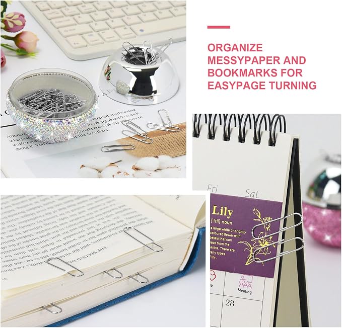 MultiBey Bling Silver Rhinestone Desk Accessories Set, 4 Pcs | Crystal Office Stationery Kit with Drawer Organizer, Paper Clip Holder, Scissors & Diamond Pen Desktop Decor & Gift for Women