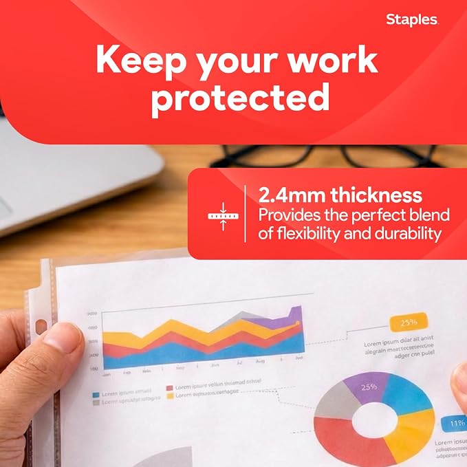 Staples Sheet Protectors, 8.5x11 Inch, Top-Loading, Clear, 200-Pack | 2.4 mil standard-weight pages protect documents in binders and folders.