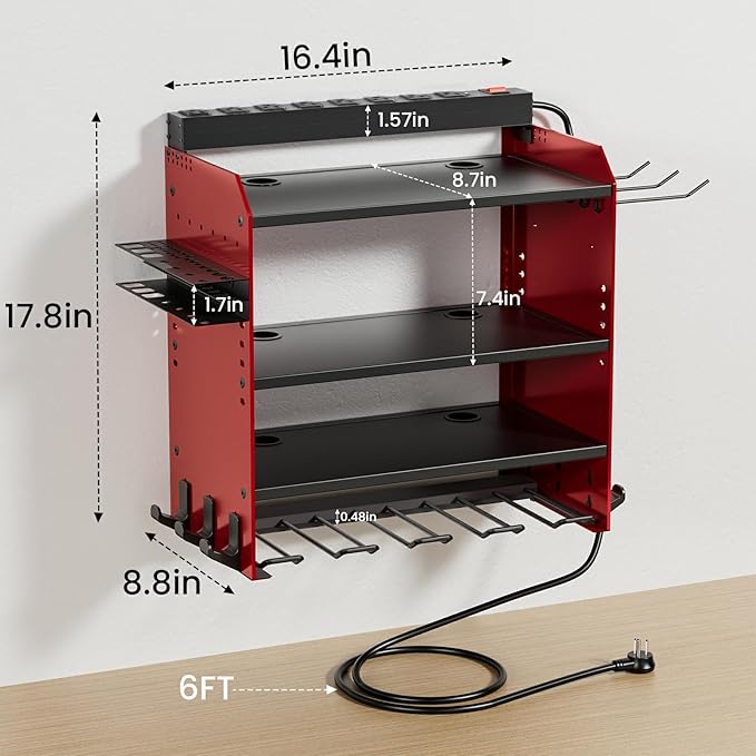 Power Tool Organizer Wall Mount with Charging Station, Garage 4 Drill Storage Shelf with Cordless Tool Holder, Heavy Duty Rack with 8 Outlet Power Strips and Hooks, Gift for Men, Husband (4 Layer)