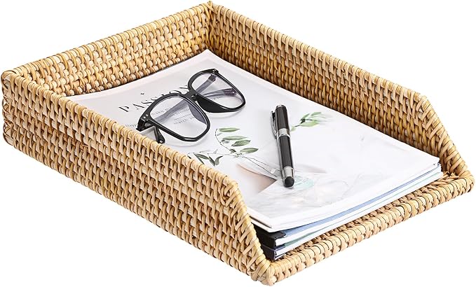 BTSKY Rattan Letter Tray for A4 File Desk Mail Letter Letter-Size Paper, Basket Woven Organizer, Office Document Organizer and Storage, Desk File Organizer Paper Tray, Paper Holder 13x10.3x2.8 Inch