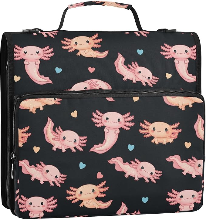 Cute Axolotl Black Print Zipper Binder Bag 3 Ring with Shoulder Strap & Handle Multi Pocket Binder Organizer Bag Large Capacity for School Office Supplies