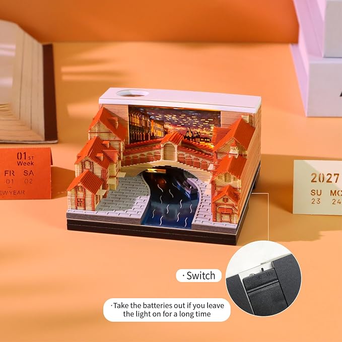 3D Time Piece Calendar, 2027 Desk Calendar With LED Light, 3d Tree Memo Pad Creative Desk Calendar, Christmas Gift for Colleague Friend, Desktop Decoration (Venice)