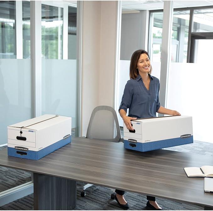 Bankers Box® Stor/File™ 60% Recycled Storage Boxes, String & Button, 24" x 12" x 10", Letter, White/Blue, Pack Of 3