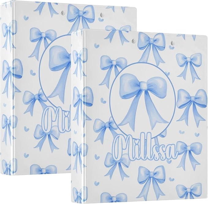 Blue Bows 3 Ring Binder with Clipboard Round Ring Binders White Name Custom Binder 3 Interior Clear Pockets for Office Supplies 1 Pack