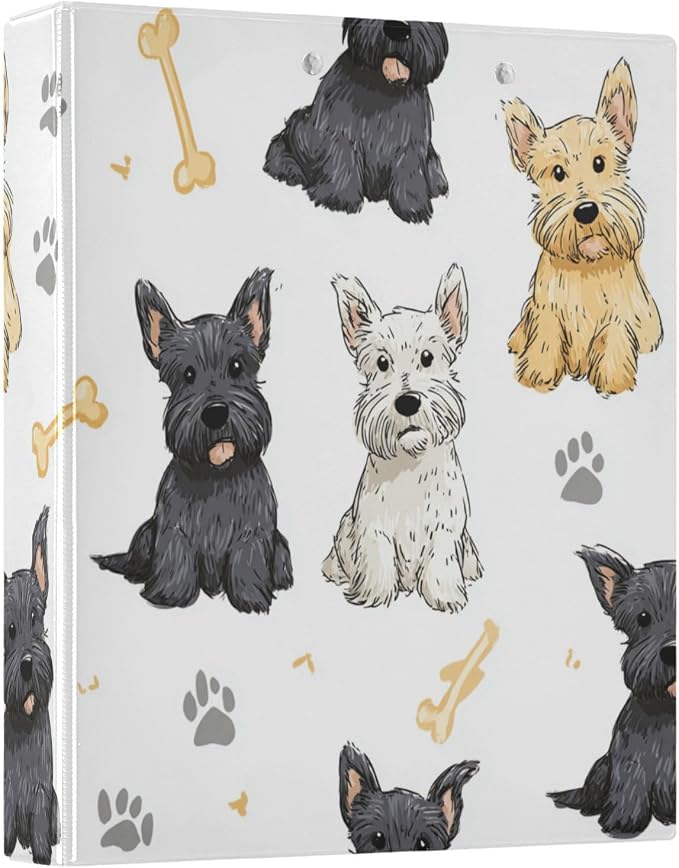 Caikeny 3 Ring Binder Footprint Scottie Scottish Terrier Dogs 1.5 Inch Binders Round Ring Clipboard with 2 Pockets for Office Supplies