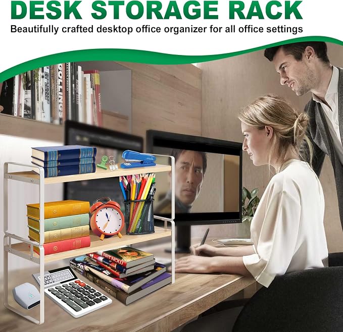 YGYQZ Desk Shelf Organizer, 2-Tier Desktop Bookshelf, White & Wood | Detachable Design, 2-Tier Storage, Multi-Use Desktop Shelf, Compact Organization, Ideal for Office, Dorm & Home