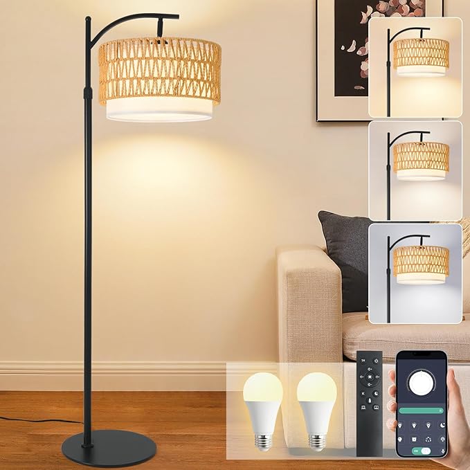 Rustic Black Farmhouse Floor Lamp with Woven Rattan Shade - 12W LED, Remote & Dimmable 3-Color Temp, Tall Standing Lamp for Living Room