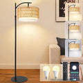Rustic Black Farmhouse Floor Lamp with Woven Rattan Shade - 12W LED, Remote & Dimmable 3-Color Temp, Tall Standing Lamp for Living Room