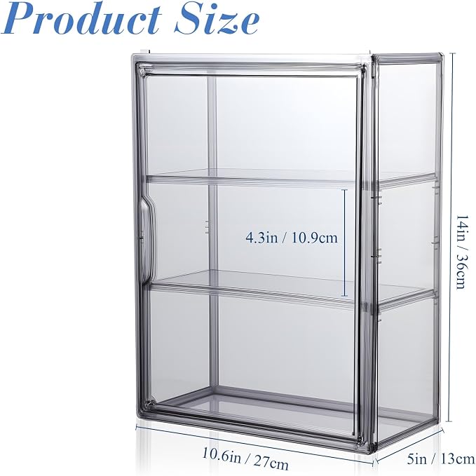Clear Acrylic Display Case 3 Tier Display Shelf Storage Boxes Cabinet Organizer with Magnetic Door for Figures Toys (2 Pcs，Gray)