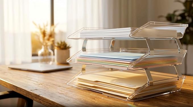 Acrimet 3 Tier Paper Tray Organizer, Letter Size Desk File Organizer Clear | Stackable plastic desktop storage for documents, mail, folders, home office, school and classroom organization and paperwork